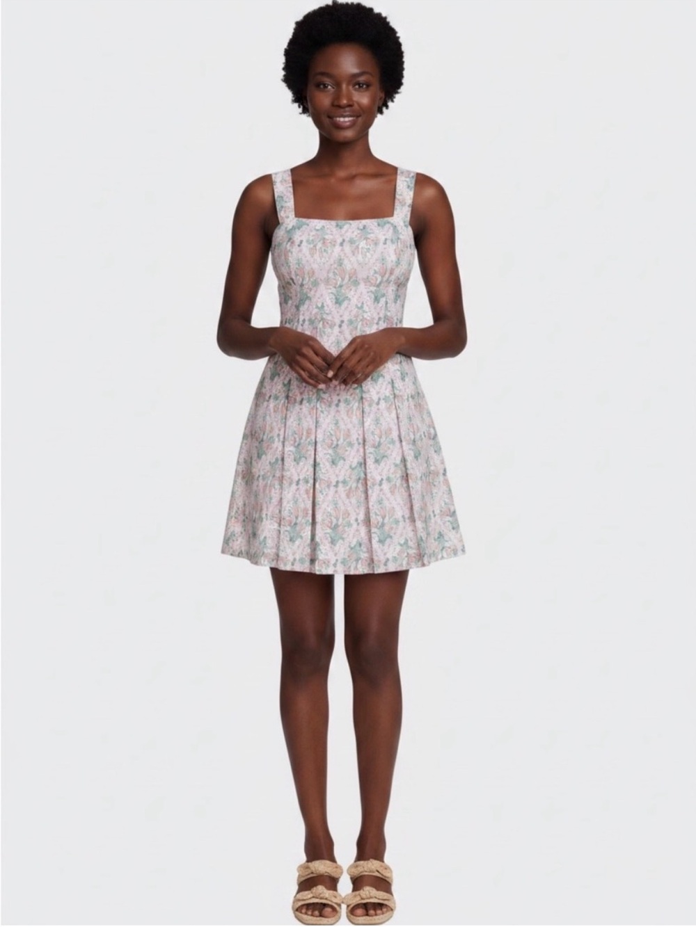 AVEC LES FILLES Pink and Mint Floral Square-Neck Mini Dress